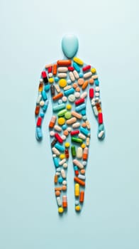 Human figure made of assorted pills on color background, symbolizing healthcare, AI Generated