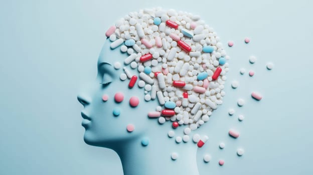 Head made of various pills against color background, AI Generated