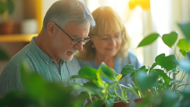 Couple caring houseplants at home. Caucasian mature man and woman with green plants. AI Generated
