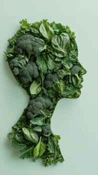 Silhouette of human head made from green leaves on light background, AI generated
