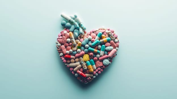 Heart shaped arrangement of various colorful pills on light background, AI Generated