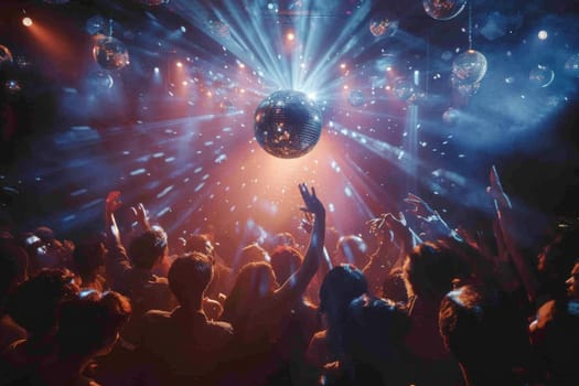 Crowd dancing under colorful lights at a lively party or concert, AI generated