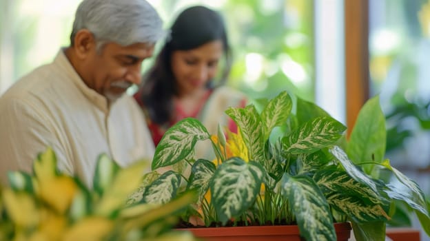 Couple caring houseplants at home. Indian american middle aged man and woman with green plants. AI Generated