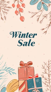 Winter sale text banner with gift boxes and natural botanical details on background, AI Generated