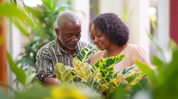 Couple caring houseplants at home. African american mature man and woman with green plants. AI Generated