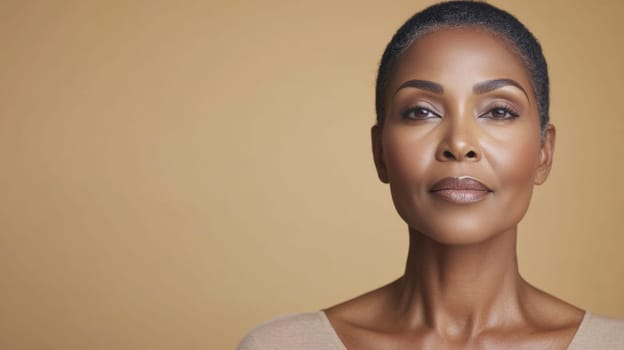 Portrait of confident mature African American woman, neutral background with copy space, AI Generated
