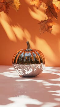 Pumpkin mirror ball in sunlight on the floor background with copy space, AI Generated