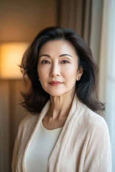 Portrait of middle-aged East Asian woman with neutral expression against plain background, AI Generated