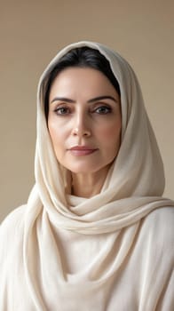 Elegant muslim middle aged woman in hijab, neutral background, AI generated