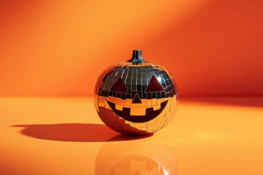 Pumpkin mirror ball in sunlight on the floor background with copy space, AI Generated