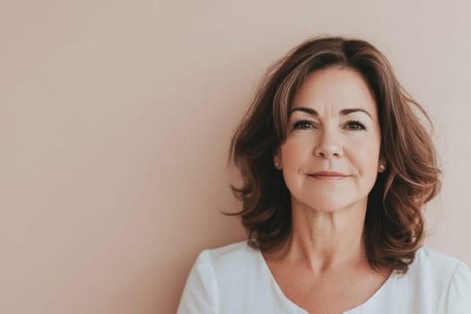 Middle aged woman with a relaxed expression against neutral background, AI Generated