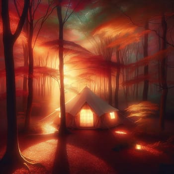 A cozy tent nestled in a forest with warm light glowing from within. The trees around the tent are a vibrant autumn color, with mist and sun rays creating a magical atmosphere. A high-quality photo.