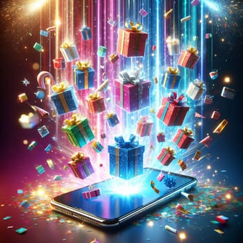 A smartphone displaying an explosion of colorful gift boxes, confetti, and sparkles. The scene is a celebration of online shopping, gift-giving, and holiday cheer. A high-quality photo.