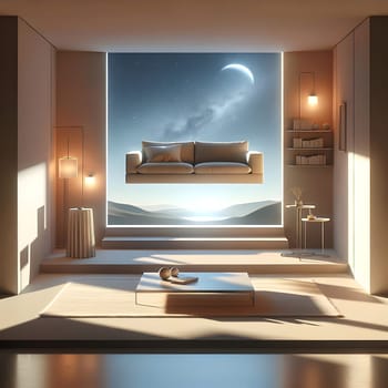 A modern living room interior with a floating sofa in front of a large window. The window overlooks a desert landscape with a crescent moon and a starry night sky. A high-quality photo.