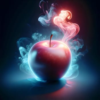 A red apple with a glowing blue and red smoke emanating from it, symbolizing temptation, knowledge, or a forbidden fruit. A high-quality photo.
