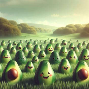 A field of avocados with smiling faces, arranged in a playful and whimsical way. A high-quality photo.