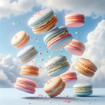 A group of pastel-colored macarons falling through the air against a background of blue sky and white clouds. The macarons are in different colors and shapes. A high-quality photo.