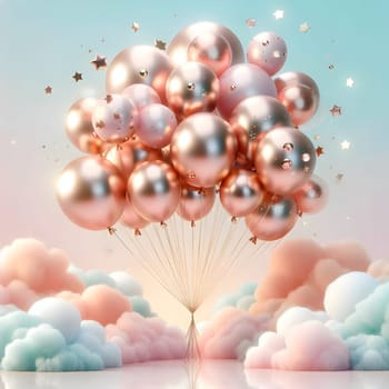 A bunch of rose gold balloons floating in a sky with pastel-colored clouds, symbolizing celebration, joy, and dreams. A high-quality photo.