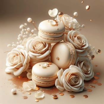 A group of beige macarons with white roses and gold accents, arranged in a luxurious and elegant composition. A high-quality photo.