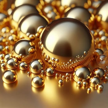 A group of golden spheres of various sizes, arranged in a close-up view, creating a luxurious and visually appealing composition. A high-quality photo.