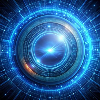 An abstract, futuristic design with a blue circular aperture in the center, surrounded by glowing lights and intricate digital patterns. It represents technology, innovation, and the digital world. High quality photo
