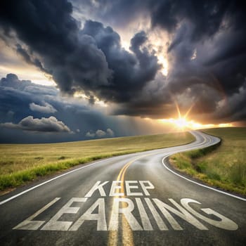 A winding road leads towards a bright sunset, with the words "Keep Learning"" written on the road. The image symbolizes the importance of continuous learning and growth. High quality photo"