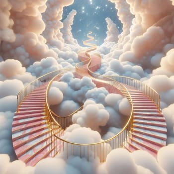 A pink marble staircase with golden railings leading up through a white cloud formation, symbolizing a path to heaven, dreams, or a spiritual journey. A high-quality photo.