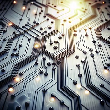 A close-up view of a circuit board with intricate lines and glowing lights. It symbolizes technology, innovation, and connectivity. High quality photo