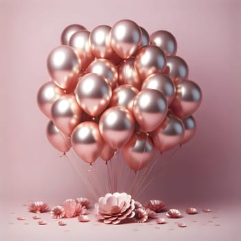 A group of rose gold balloons with small paper flowers, arranged in a festive and elegant setting. A high-quality photo.