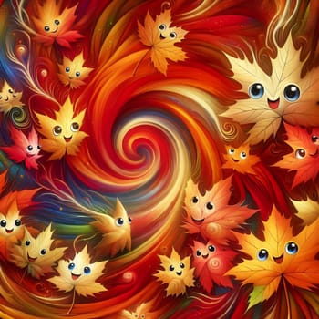 A whimsical illustration of autumn leaves with smiling faces. The leaves are swirling in a vibrant, colorful vortex, creating a playful and energetic mood. A high-quality photo.