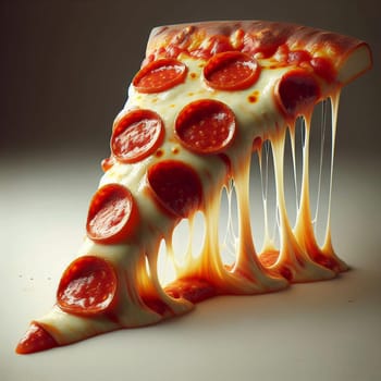 A single slice of pepperoni pizza with melted cheese dripping down the side. The pizza is fresh and appealing, with a crispy crust and gooey cheese. A high-quality photo.