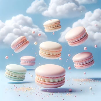 A whimsical scene of pastel-colored macarons floating in the air with white clouds and sprinkles. The macarons are in different colors and shapes, creating a sweet atmosphere. A high-quality photo.