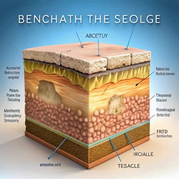 A diagram showing the layered structure of a geological formation with various labeled sections and features. High quality photo
