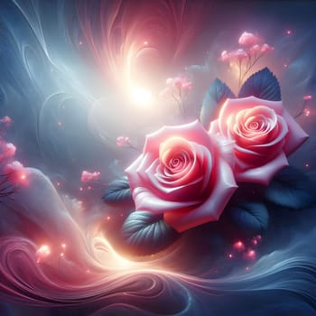 Two pink roses with glowing lights in the background, surrounded by delicate flowers and a dreamy, ethereal atmosphere. A high-quality photo.