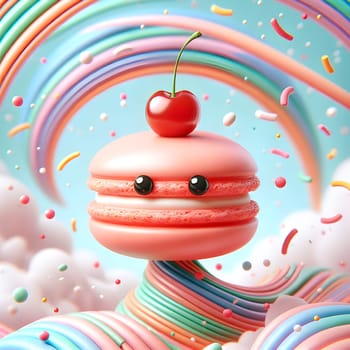 A cute, cartoonish macaron with a cherry on top. The macaron is floating in a whimsical scene with rainbow-colored swirls and clouds. A high-quality photo.