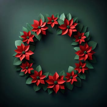 A wreath made of red poinsettia flowers and green leaves, arranged in a circular shape on a dark green background, creating a festive and celebratory mood. A high-quality photo.