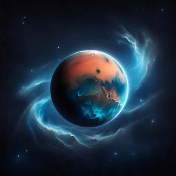 A stylized illustration of a planet with a blue and orange surface, surrounded by a glowing blue nebula in space. A high-quality photo.