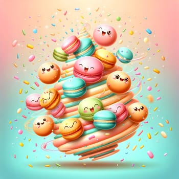 Whimsical illustration of a swirling macaron tower with happy faces and sprinkles. The tower is made of different colors and textures, creating a playful and delicious scene. A high-quality photo.