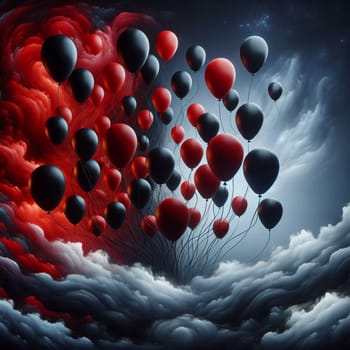 A surreal scene of red and black balloons rising above a landscape of clouds. The scene is filled with a sense of mystery and wonder. A high-quality photo.