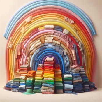 A colorful and vibrant rainbow made of folded paper, with stacks of clothing in various colors arranged underneath it. A high-quality photo.