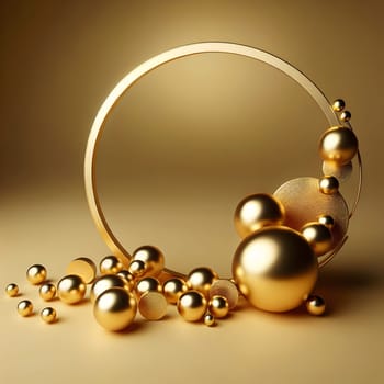 A golden ring with scattered golden spheres and discs. The scene is minimalist and elegant, with a soft, golden light. A high-quality photo.