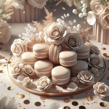 A stylish arrangement of beige macarons on a plate with delicate beige roses and foliage, creating a luxurious and feminine aesthetic. A high-quality photo.