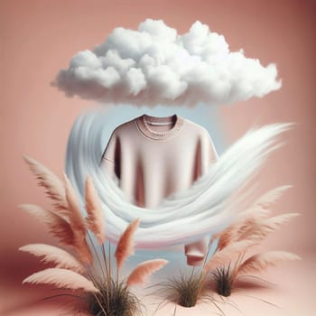 A pink sweater is floating in mid-air, with a cloud as a head and a swirl of white fabric around it. The sweater is surrounded by beige pampas grass, and a soft pink background. A high-quality photo.