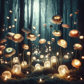 A whimsical forest scene with glowing flowers and lanterns. The flowers are white with a golden center, and they are surrounded by a soft, mossy ground. A high-quality photo.