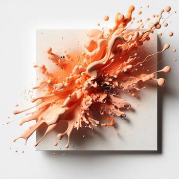 An abstract image of a orange paint explosion, with splashes and droplets flying outwards from a central point. The paint is captured in mid-air. A high-quality photo.