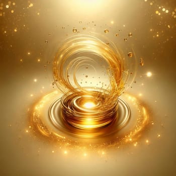 A swirling circle of golden liquid with small, golden bubbles floating around it. The liquid is luminous and radiant, creating a sense of luxury and opulence. A high-quality photo.