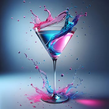 A martini glass with a pink and blue cocktail inside. The cocktail is splashing, creating a dynamic and colorful scene. A high-quality photo.