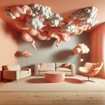 A 3D rendering of a living room interior with clouds as the ceiling. The clouds are soft and fluffy, with a hint of pink and blue. The furniture is minimalist and modern. A high-quality photo.