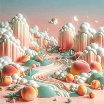 A surreal, dreamlike landscape with peach-colored mountains, a winding river, and floating clouds. The scene is filled with soft, pastel colors. A high-quality photo.