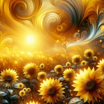 A field of sunflowers under a golden sky. The sunflowers are tall and vibrant, with their faces turned towards the sun. The sky is filled with swirling, golden clouds. A high-quality photo.